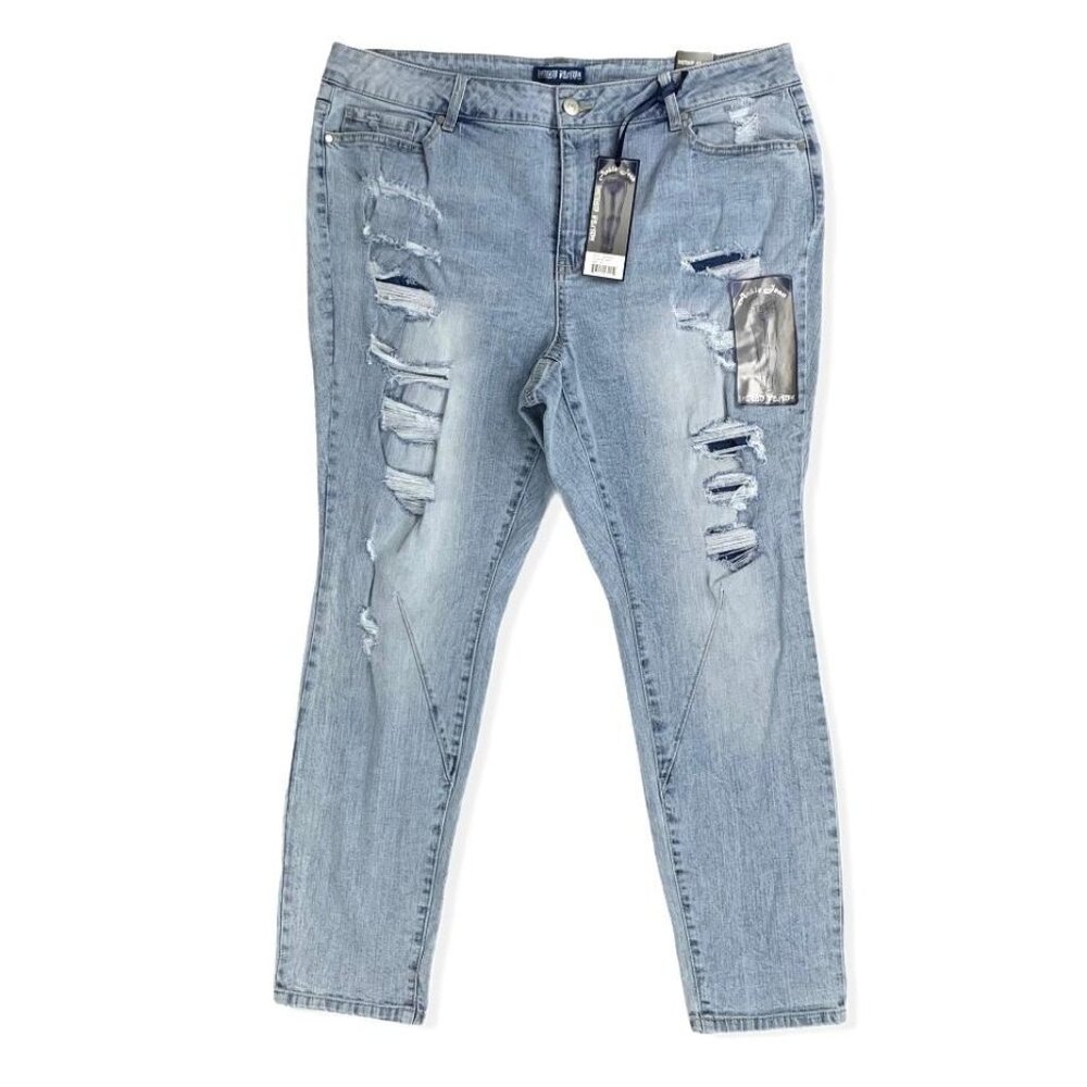 INDIGO FUSION Women's High Waist Stretch Destroyed Ankle Skinny Leg Jeans Blue